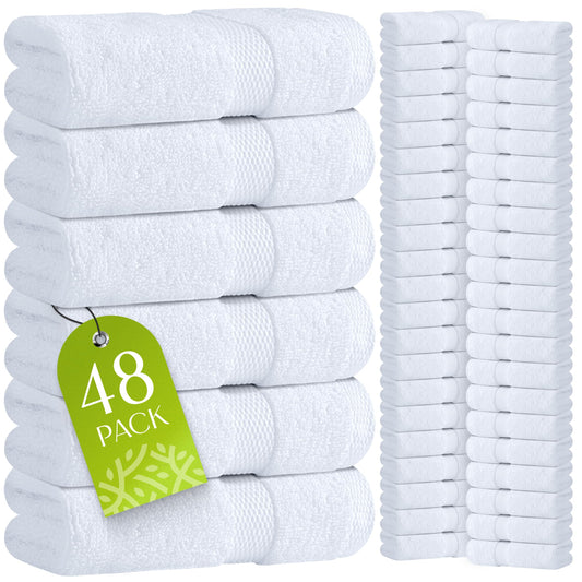Wealuxe White Washcloths for Body and Face Towel, Cotton Wash Cloths Bulk 48 Pack, Flannel Spa Fingertip Wash Clothes 12x12 Inch, Soft Absorbent Gym Towels