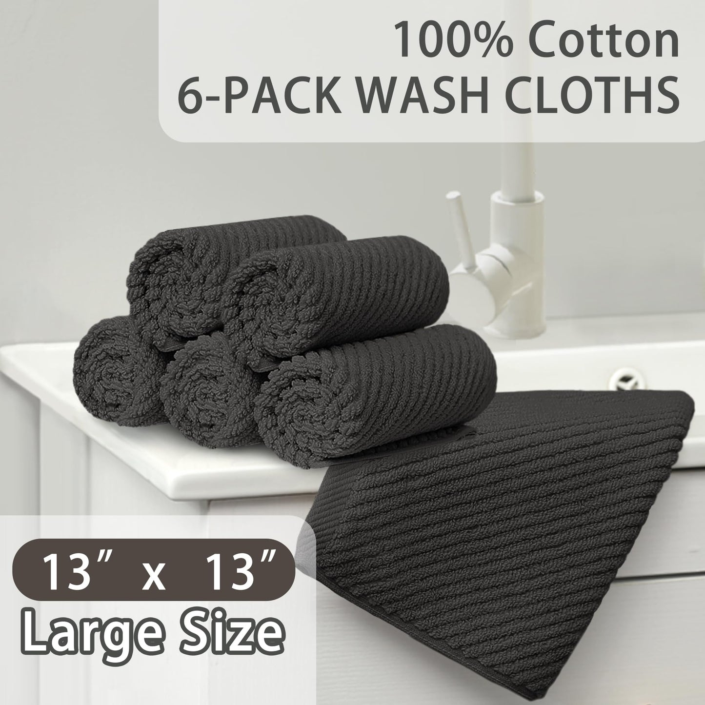 VOOVA & MOVAS Grey Washcloths (6PC, 13"x13") - 100% Cotton | Thick | Quick Dry | Light Weight, 6 Pack Hand Towels, Wash Cloths for Showering, Bathroom Gift Set, Dark Gray