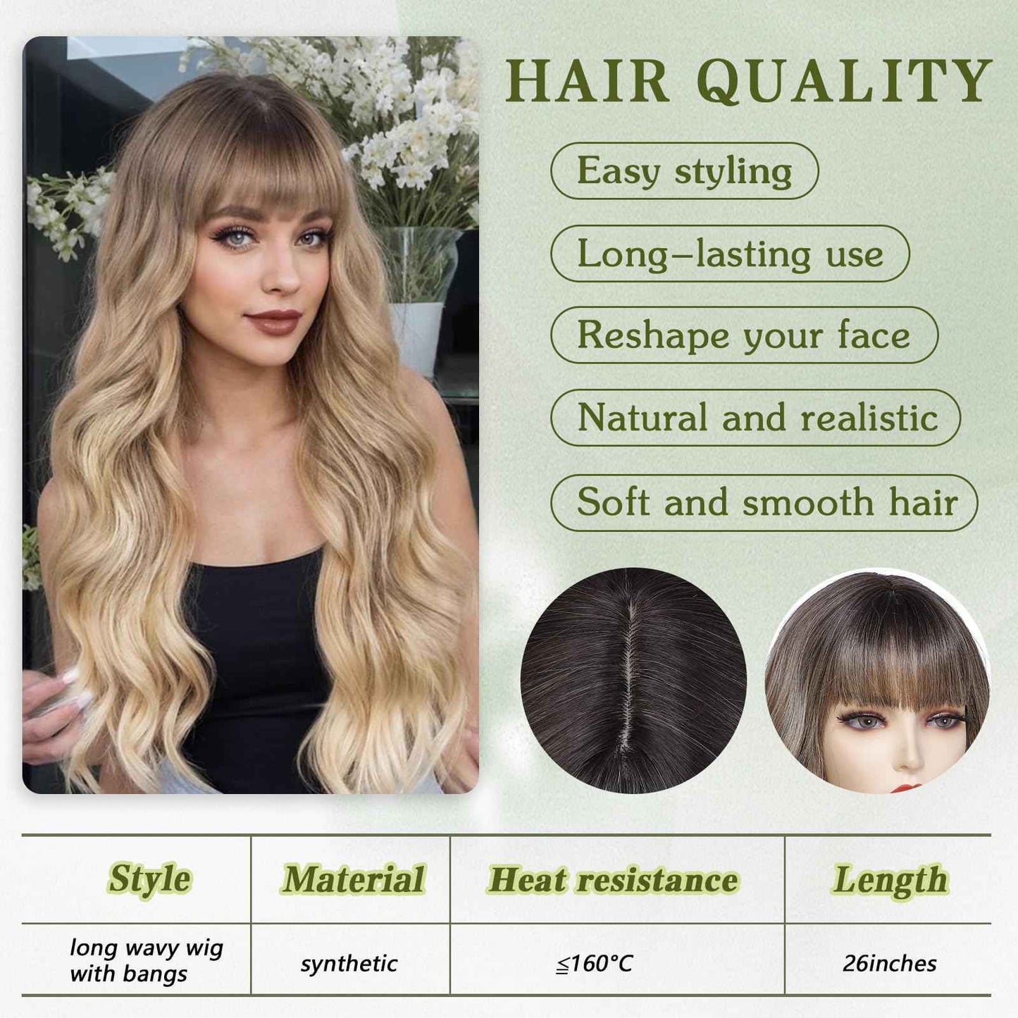 Long Ombre Blonde Wavy Wig With Bangs for Women 26 Inch Curly Wavy Wig With Bangs Natural Looking Synthetic Heat Resistant Fiber Wig for Daily Party Use