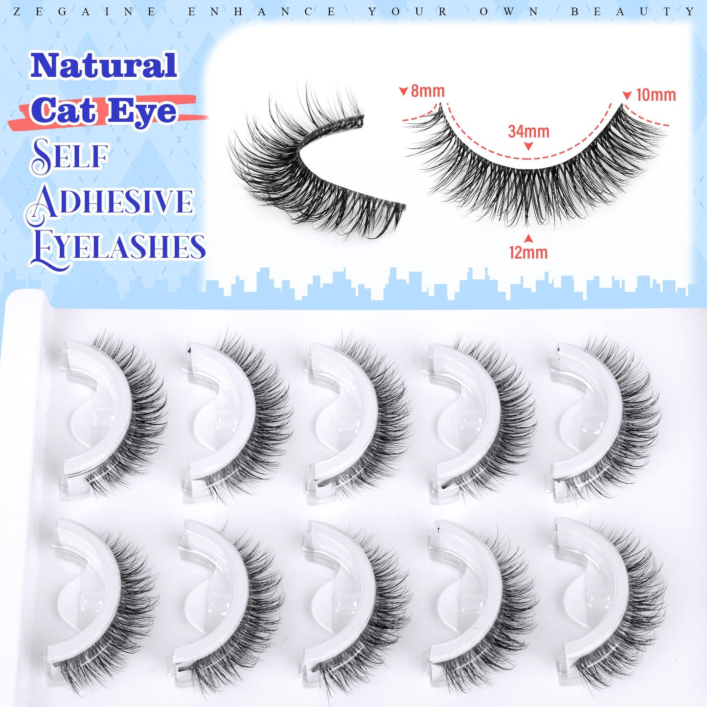 Natural Self Adhesive Eyelashes Cat Eye Lashes Natural Look Wispy Self Adhesive Lashes Clear Band Reusable 8-10MM Short Pre Glued Lashes No Glued Needed Natural Stick On Lashes 5 Pairs by Zegaine