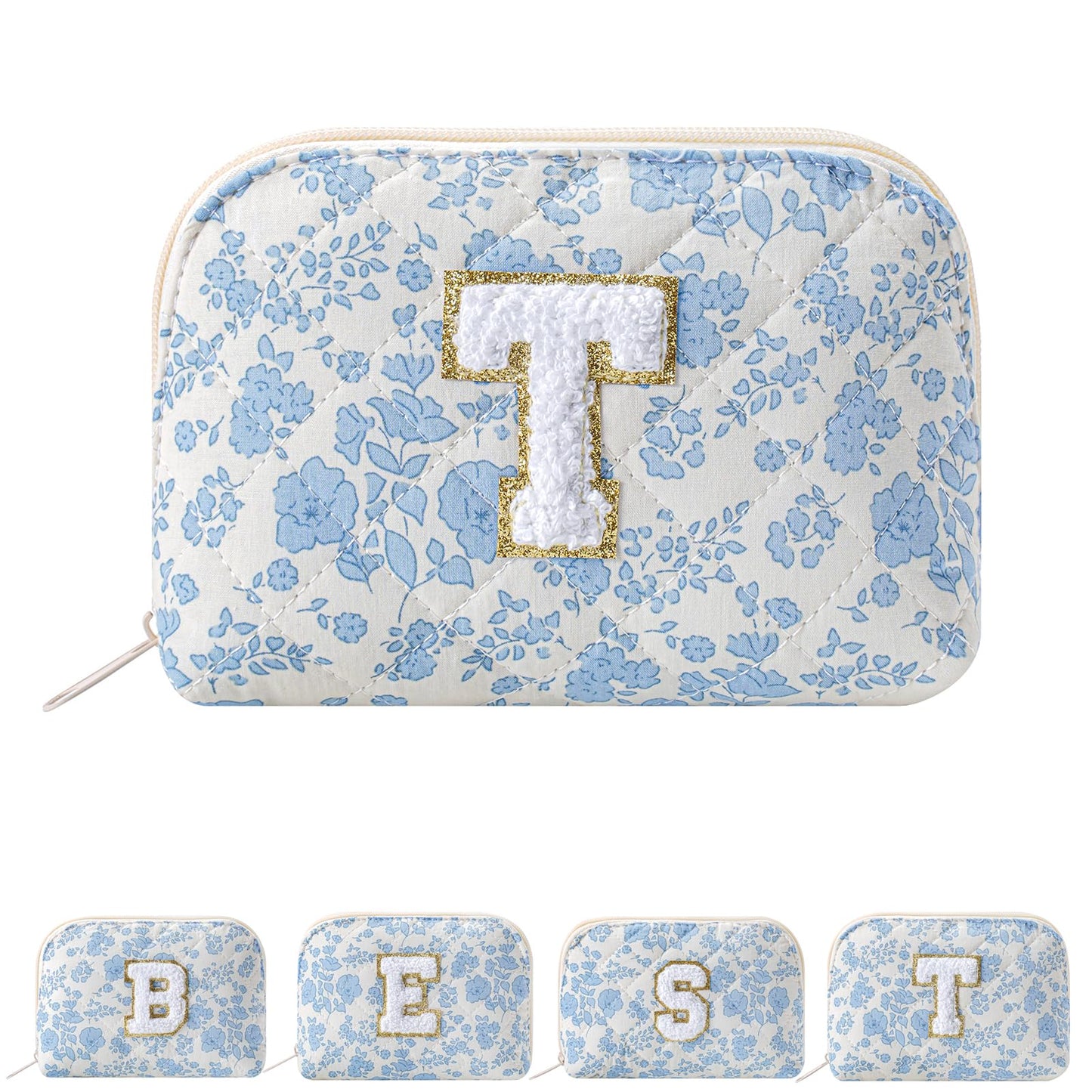 JOVAKIT Conch Alphabet Makeup Bag Cosmetic Bag for Women, Christmas Gifts for Women Girls, Blue Floral Coquette Travel Bag, Zipper Make Up Pouch Organizer Trendy Stuff (Blue Floral T)