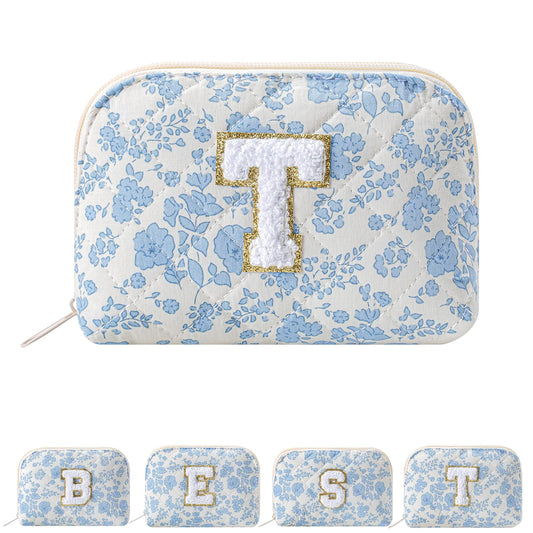 JOVAKIT Conch Alphabet Makeup Bag Cosmetic Bag for Women, Christmas Gifts for Women Girls, Blue Floral Coquette Travel Bag, Zipper Make Up Pouch Organizer Trendy Stuff (Blue Floral T)