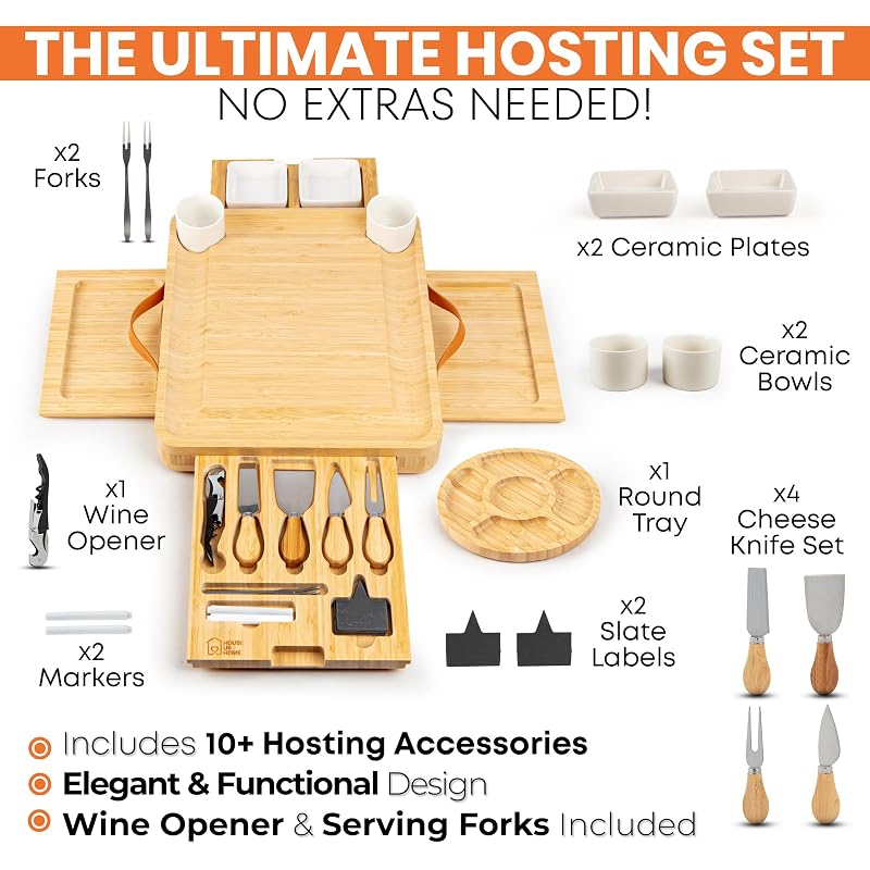 Bamboo Charcuterie Board Gift Set with Hidden Drawers, Knives & Bowls – Large Cheese Board for Entertaining
