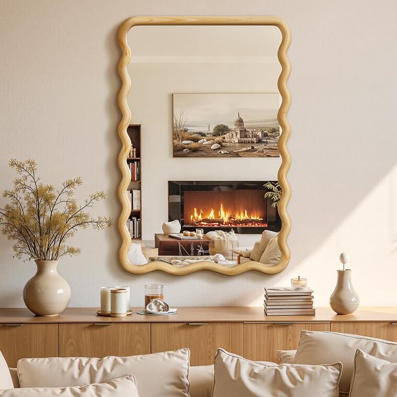 Wavy Wood Bathroom Vanity Mirror 24x36 in - Natural Frame, Vertical Wall Mount (Variation: Natural)