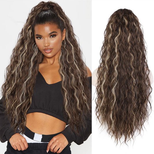 QGZ Ponytail Extension 26 Inch Claw Clip in Ponytail Extensions Long Wavy Curly Fluffy Pony Tails Hair Extensions Synthetic Hairpieces for Women(Brown with Blonde Highlights)