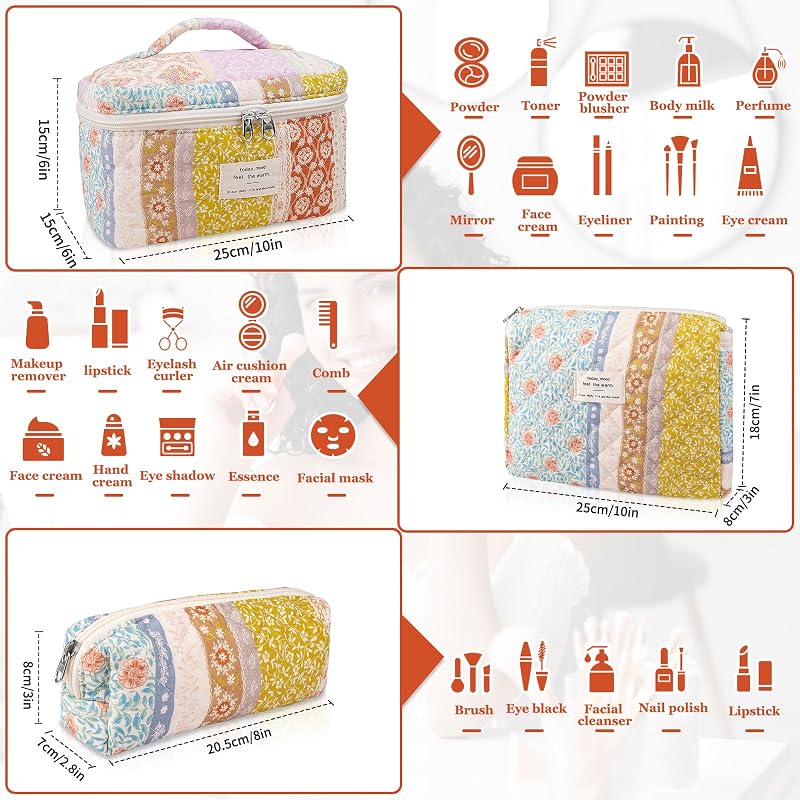 Bee Variation Quilted Makeup Bag Set - Large Floral Cotton Cosmetic Bags, 3-Piece, Giftable