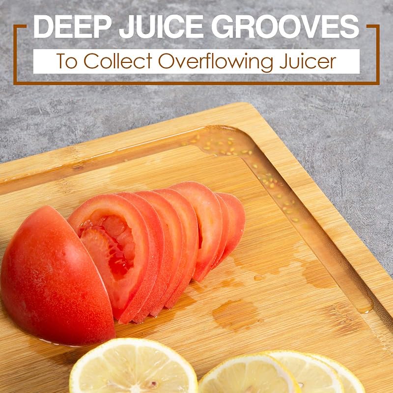 Empune 36" x 24" Bamboo Cutting Board with Juice Groove & Handles - Large Kitchen Serving/Prep Board
