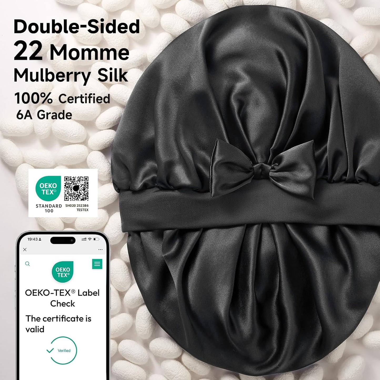 22 Momme Mulberry Silk Bonnet for Women - Double-Sided Non-Slip Sleep Cap for Long Curly Hair, Adjustable Band, Ebony