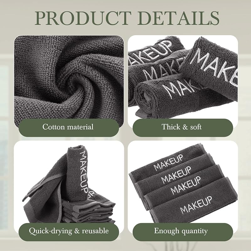 Grey 50 Pcs Cotton Makeup Towels Washcloths 10 x 10 Inch - Bulk Pack, 9.8in x 9.8in