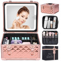 Sparkling Makeup Box with LED Mirror - Travel Hard Case with Adjustable Dividers (Rechargeable) - Cosmetic Organizer Gift