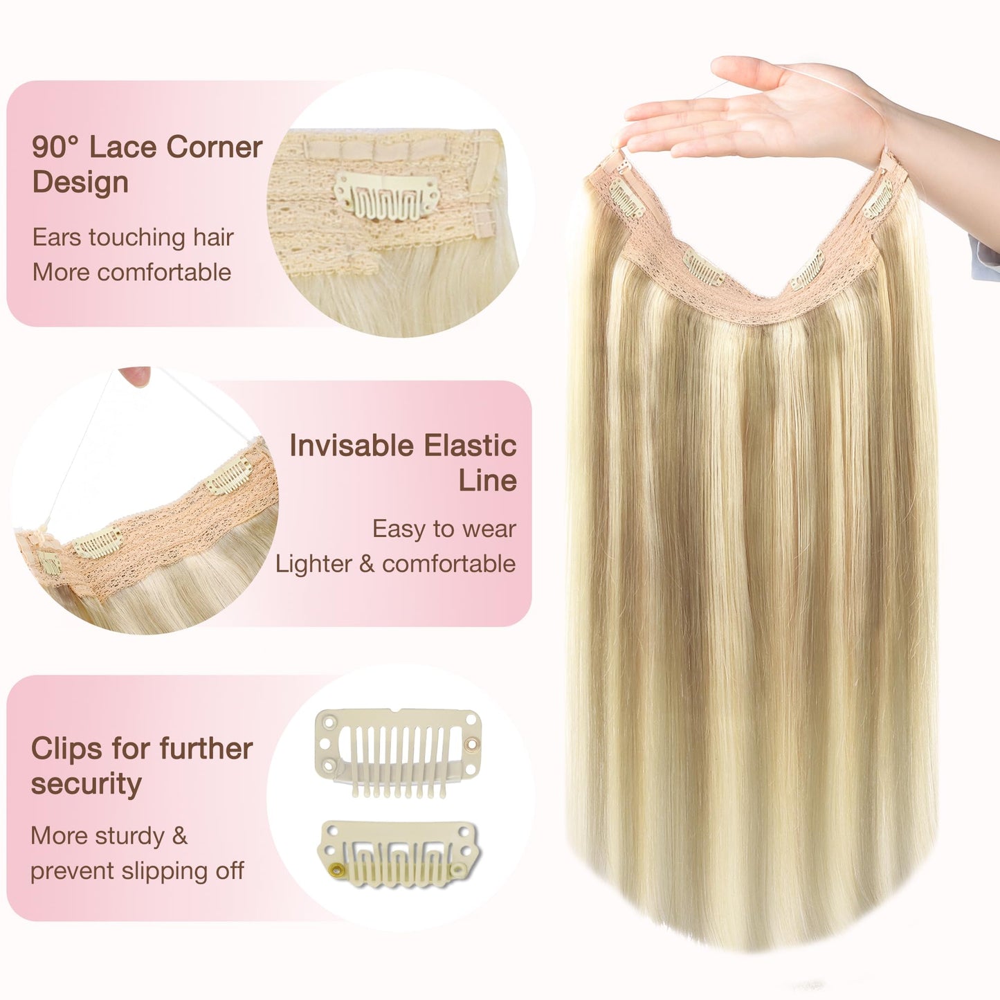 GOO GOO Wire Hair Extensions Human Hair, 16/22 Light Blondewith mix Golden Blonde Highlighted 14inch 75g, Invisible Wire Hair Extensions with Transparent, Seamless Fish Line Hairpiece