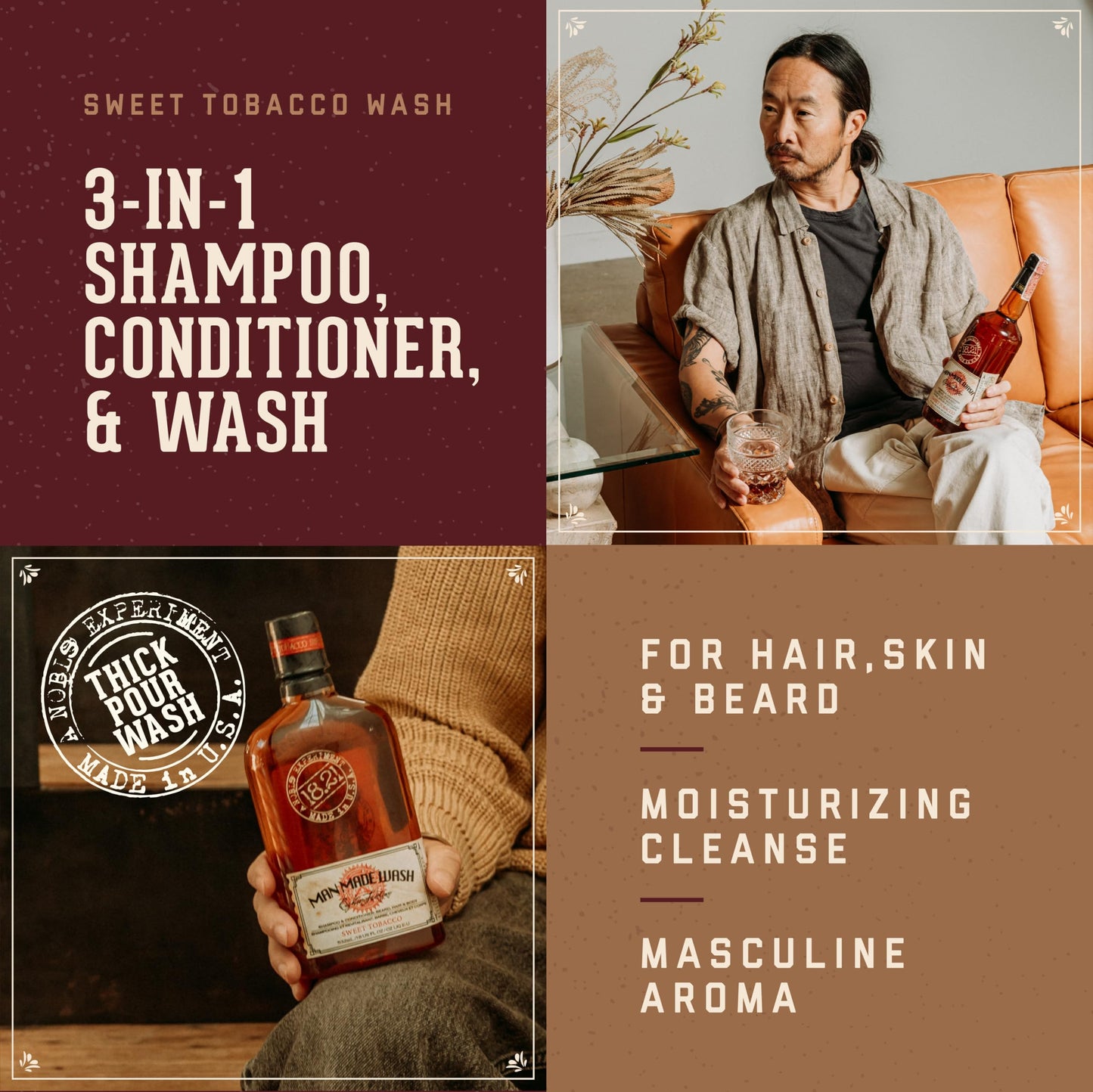 18.21 Man Made Original Sweet Tobacco 3-in-1 Body Wash, Shampoo, & Conditioner for Men, All Hair & Skin Types, Strengthens and Moisturizes in a Manly Aroma, 18 Fl Oz