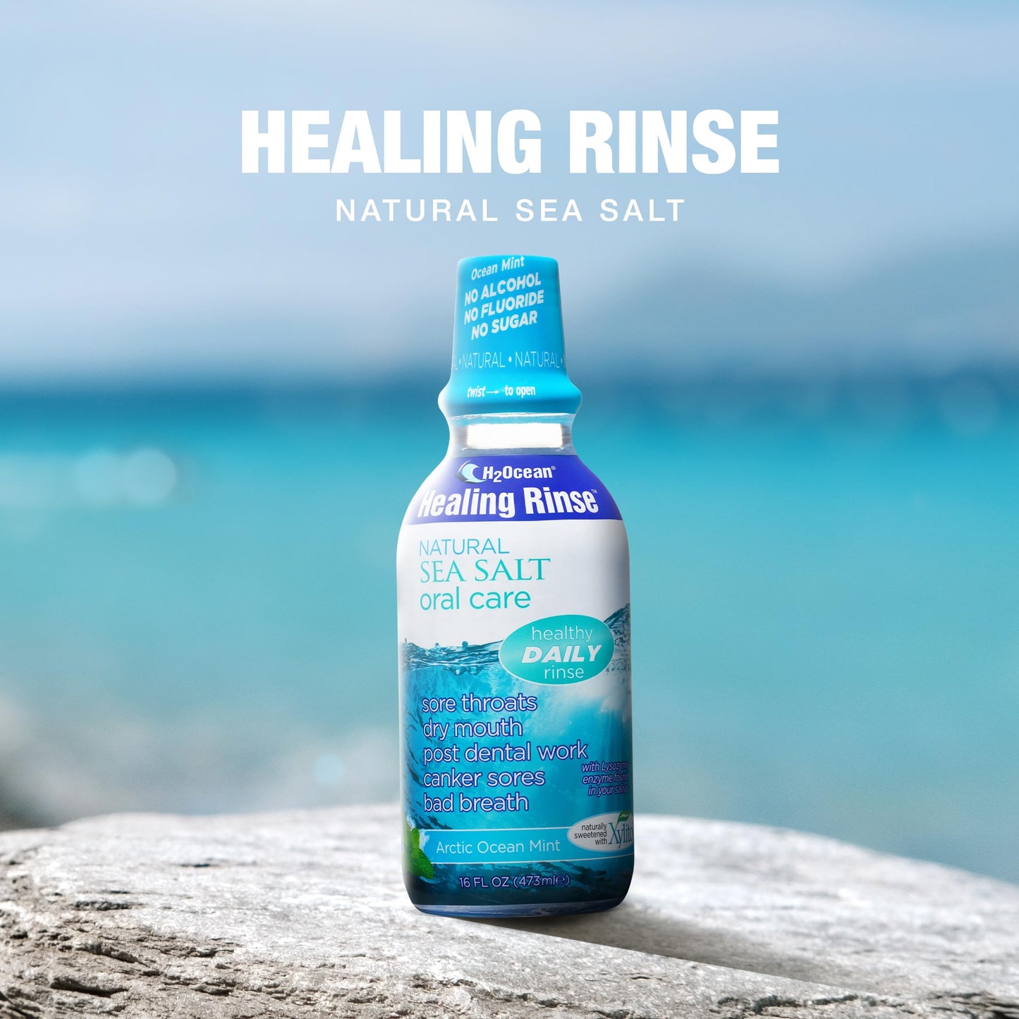 H2Ocean Healing Rinse Natural Sea Salt Oral Care - Mouth Rinse for Oral Care - Great for Piercings, Sore Throats & Gum Health - Alcohol- & Fluoride-Free Mouthwash - Arctic Ocean Mint, 16 oz