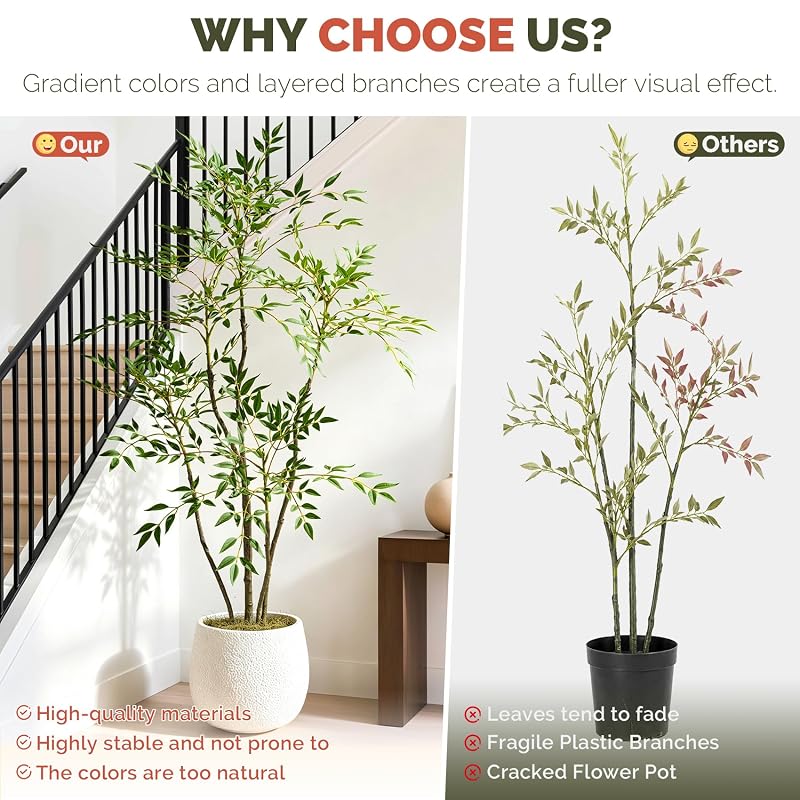 4.6ft Faux Bamboo Tree with 800+ Leaves in Cement Planter – Realistic Indoor Nandina Tree, Non-Toxic, Green Variation Included