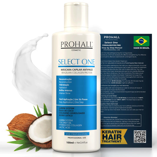 Brazilian Keratin Hair Treatment Blowout Complex Formaldehyde Free - PROHALL SELECT ONE 3.4oz/100ml - Keratina Queratina Brasileña Para Alisar el Pelo Sin Formol- Protein Hair Treatment