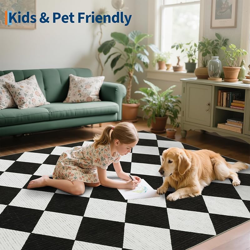 5' x 7' Black & White Checkered Area Rug - washable, non-slip backing