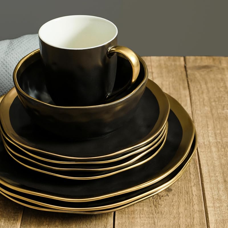 Stone Lain Florian Black & Gold 16-Piece Porcelain Dinnerware Set for 4 - Includes Plates, Bowls & Mugs