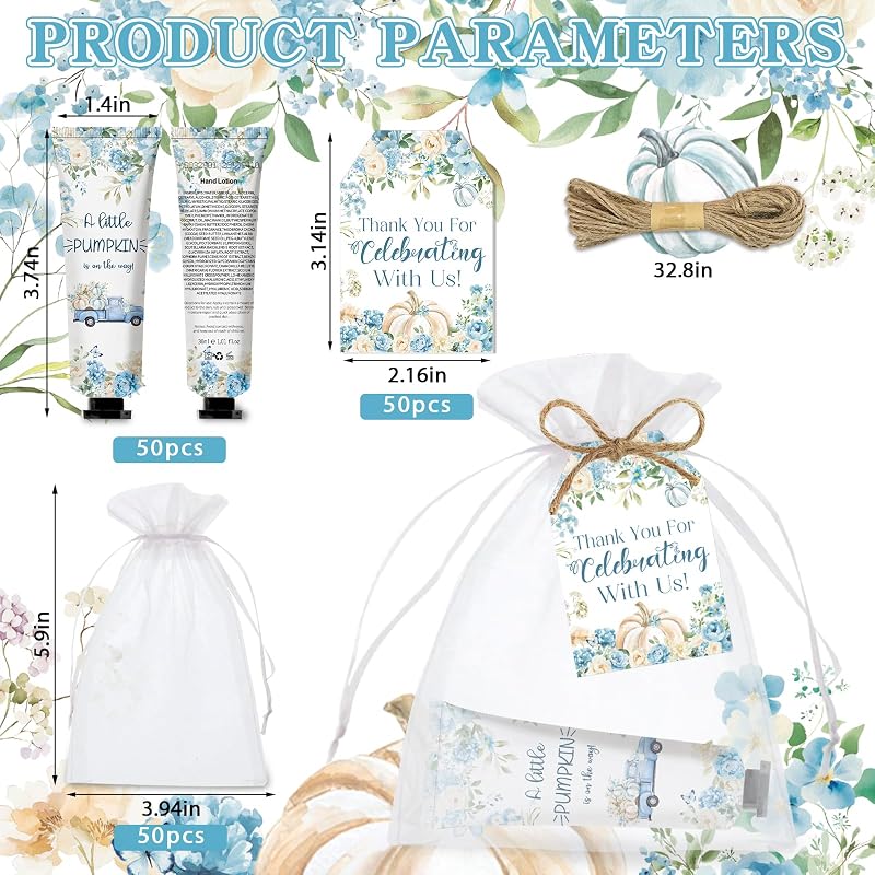 Blue Pumpkin Hand Cream Gift Set, 50-Count (50x Hand Lotion, 50 Organza Bags) Baby Shower Favors