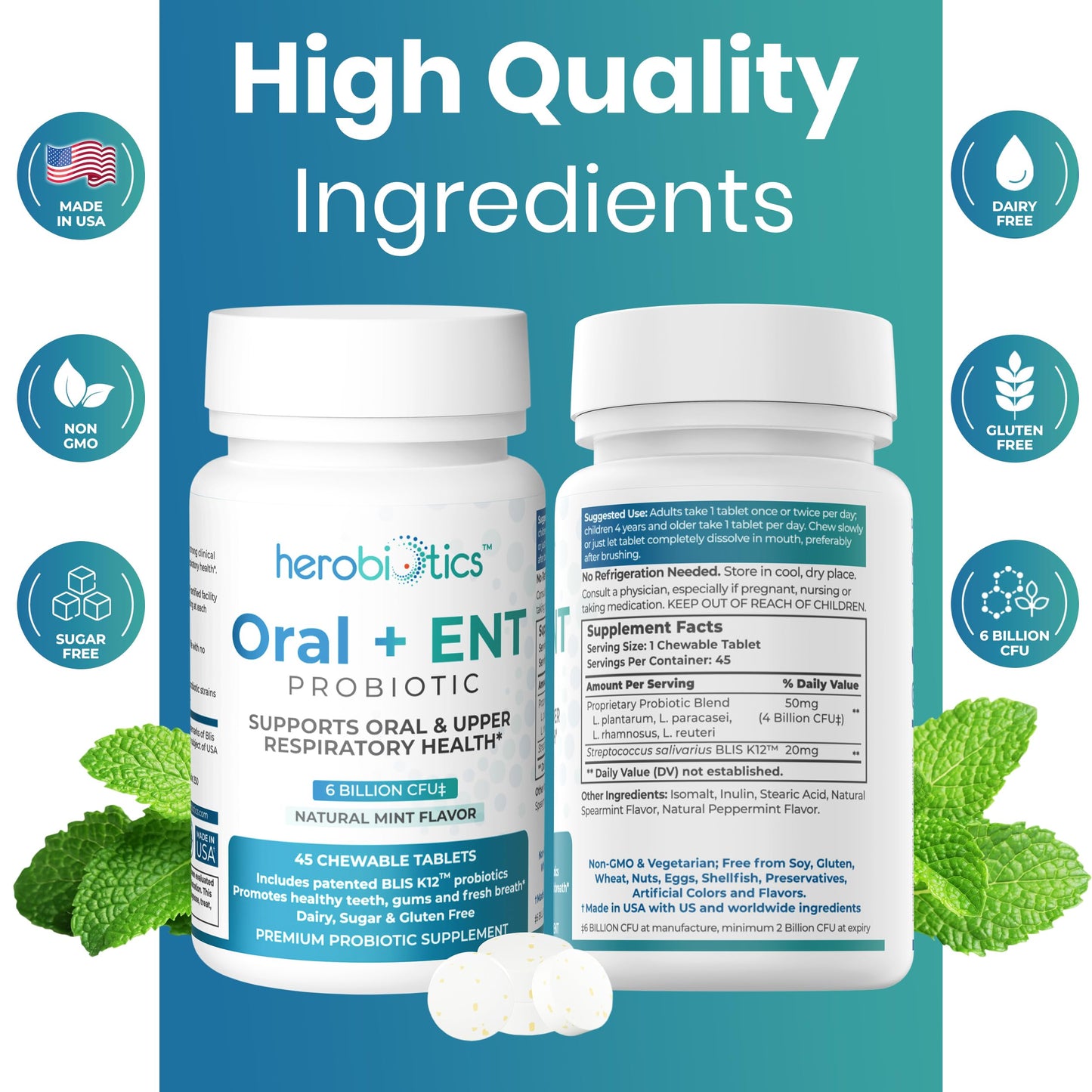 Oral Probiotics for Better Breath, Gingivitis, Strep Throat, Tonsil Stones, ENT - 6 Bn CFU Oral Probiotics with Lactobacillus Reuteri, L. Plantarum & BLIS K12-45 Chewable Tablets