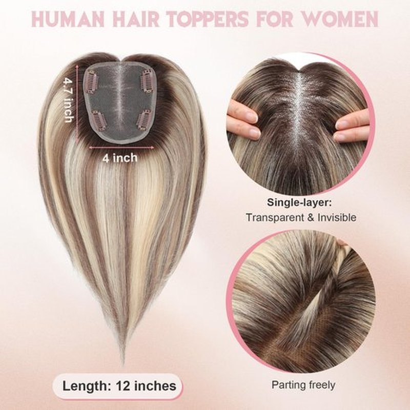 FU SHEN Hair Toppers for Women Real Human Hair 12inch Professional Grade 10X12CM Swiss Base Hairpiece for Thinning Hair Breathable Human Hair Topper Clip in Toppers(2T613#)