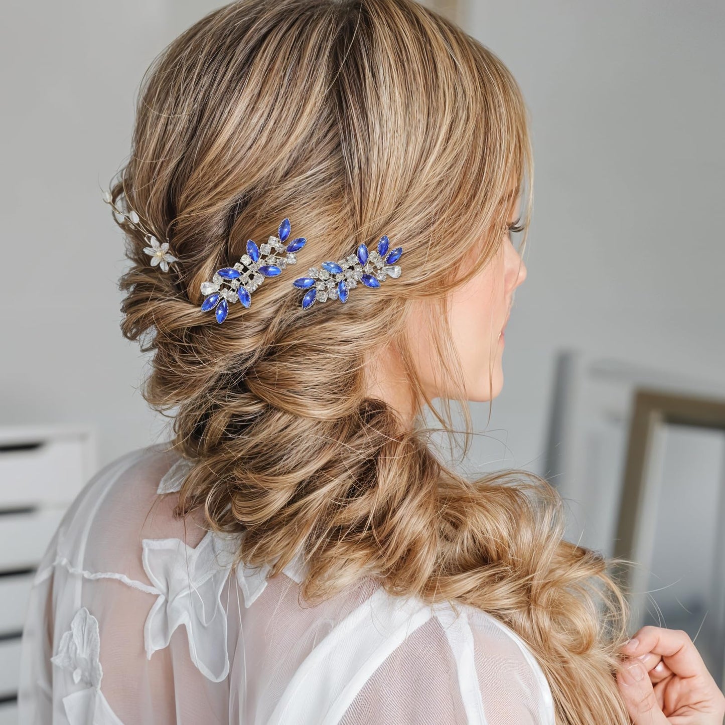 2Pcs Crystal Bridal Hair Pins, Rhinestone Royal Blue Hair Accessories, Decorative Sparkle Wedding Hairs Pins, Blue Silver Hairs Clips for Prom Women Girls Bridesmaids