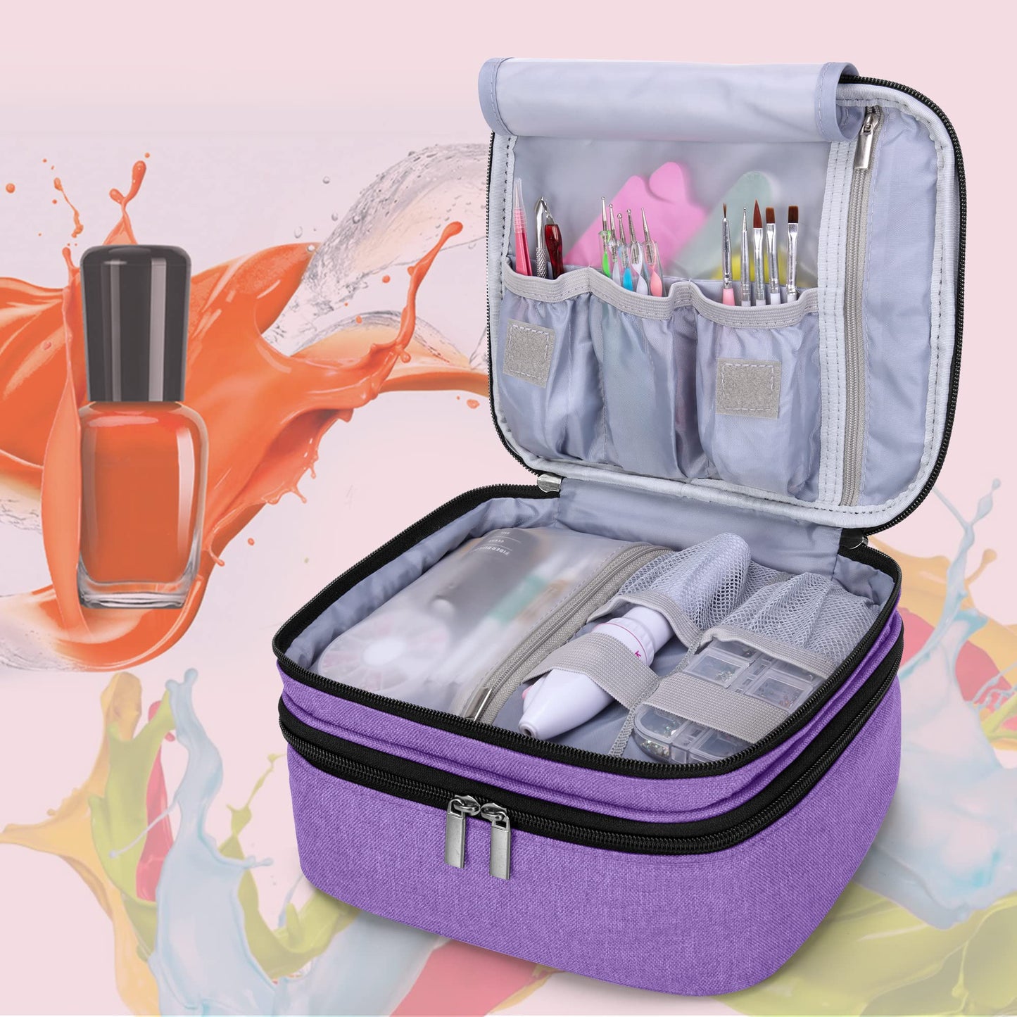 LUXJA Nail Polish Carrying Case - Holds 30 Bottles (15ml - 0.5 fl.oz), Double-layer Organizer for Nail Polish and Manicure Set, Purple (Bag Only)