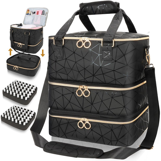 Nail Polish Organizer Bag Holds 84 Bottles & Nail Lamp, 3 Layers Nail Kit Storage Carrying Case Pu Leather, Large Nail Supplies Organizer With Shoulder Strap, Portable Travel Nail Bag For Nail Tech