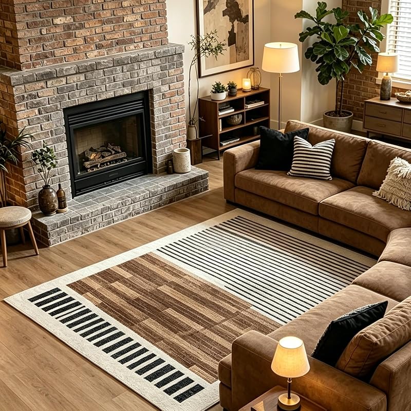 8x10 Washable Area Rug with Modern Abstract Color Block - White, Brown & Black, Variation: Beige Brown+8' x 10' Rectangular