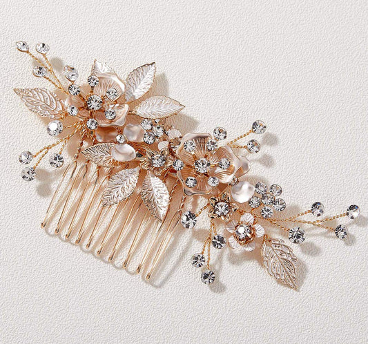 SWEETV Light Rose Gold Wedding Hair Comb Clip,Handmade Bridal Hair Accessories for Women Wedding