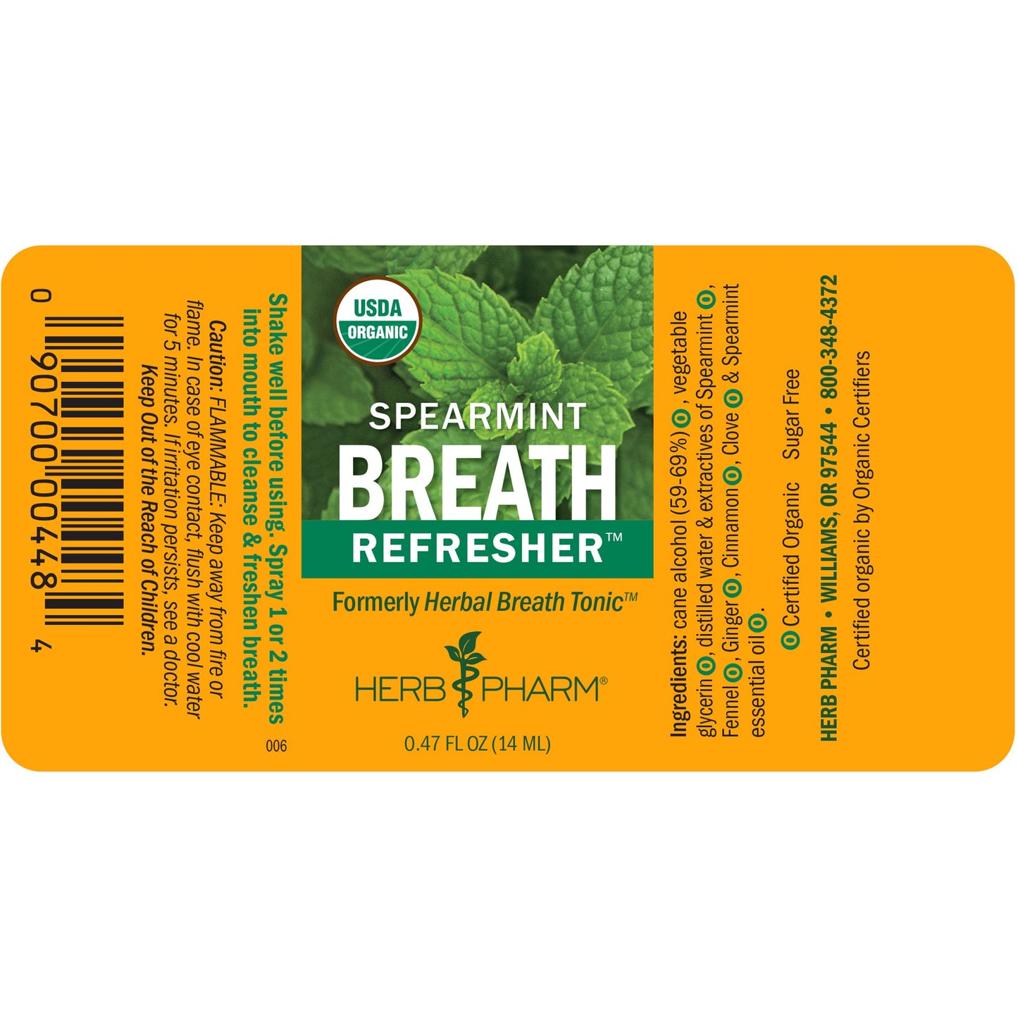 Herb Pharm Breath Refresher Certified Organic Herbal Fresh Breath Spray with Spearmint Essential Oil - 1/2 Ounce