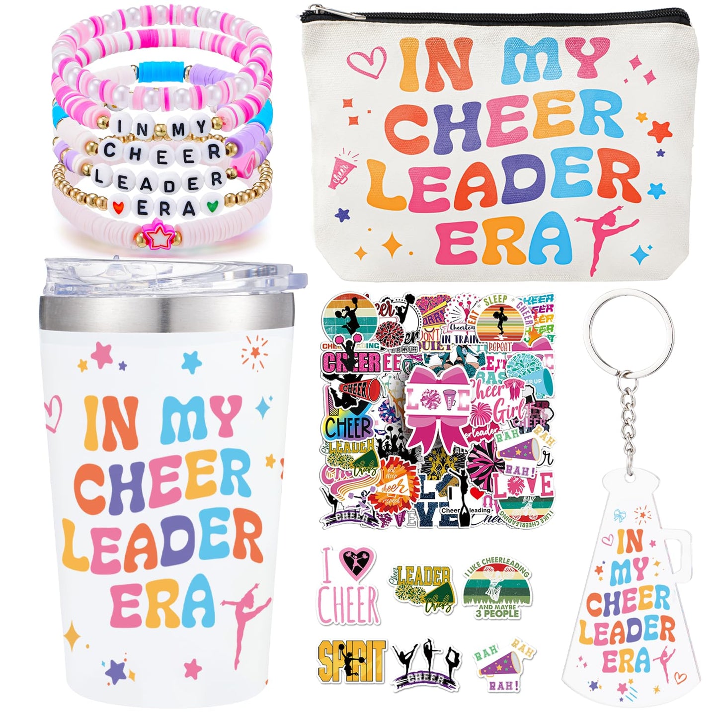 WGXX 5Pcs Cheerleader Gifts Set for Women Including 12oz Cheer Tumbler, Makeup Bags, 5 Cheerleading Bracelet, Stickers, Keychain for Cheer Team & Lovers