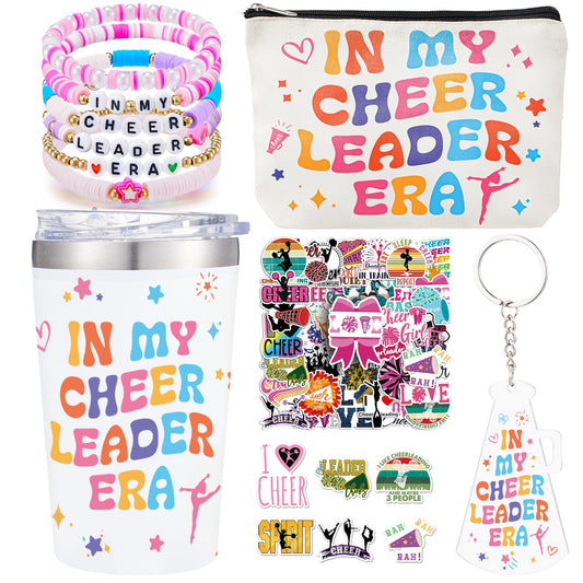 WGXX 5Pcs Cheerleader Gifts Set for Women Including 12oz Cheer Tumbler, Makeup Bags, 5 Cheerleading Bracelet, Stickers, Keychain for Cheer Team & Lovers