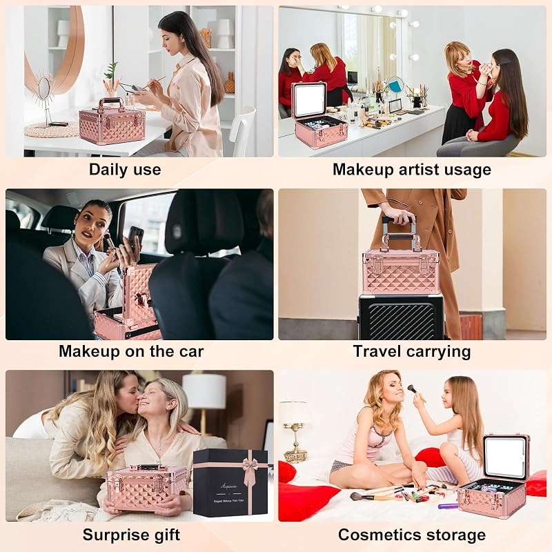 Sparkling Makeup Box with LED Mirror - Travel Hard Case with Adjustable Dividers (Rechargeable) - Cosmetic Organizer Gift