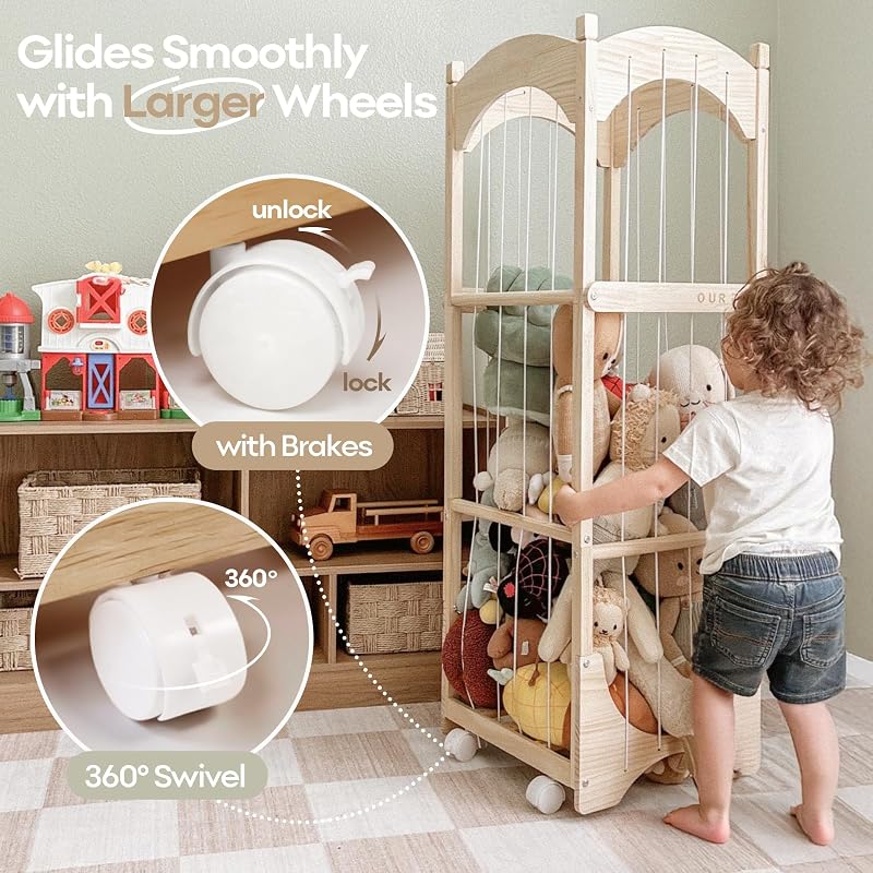 Stuffed Animal Storage Toy Organizer in Wood – Kid Bedroom Cabinet with Wheels