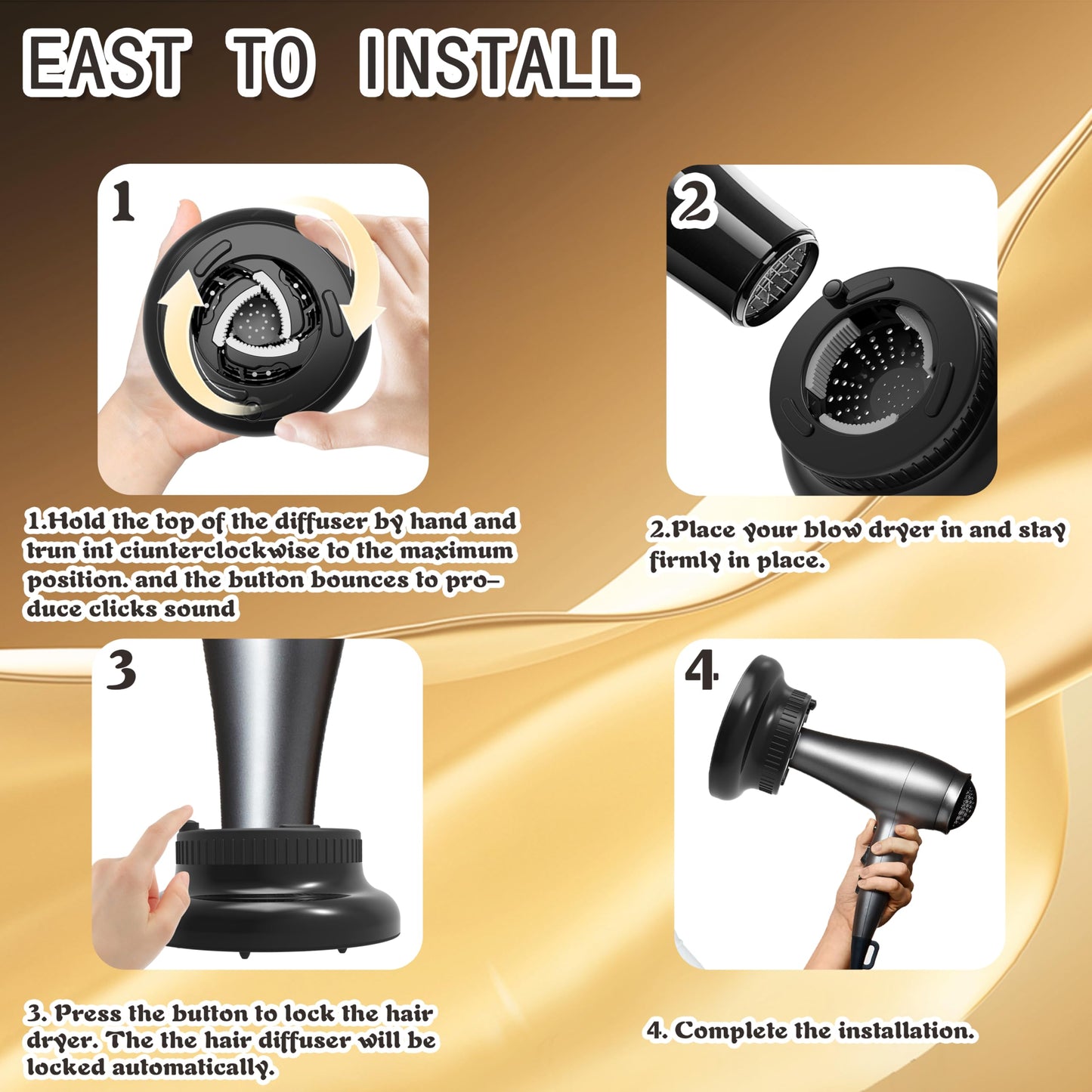 Hair Diffuser Attachment Universal Diffuser Hair Dryer for Curly Hair, Hair Dryer Diffuser for Blow Dry and Volumizing, Hair Diffuser for Curly Hair and Natural Wavy Hair (Black) BLOLYO