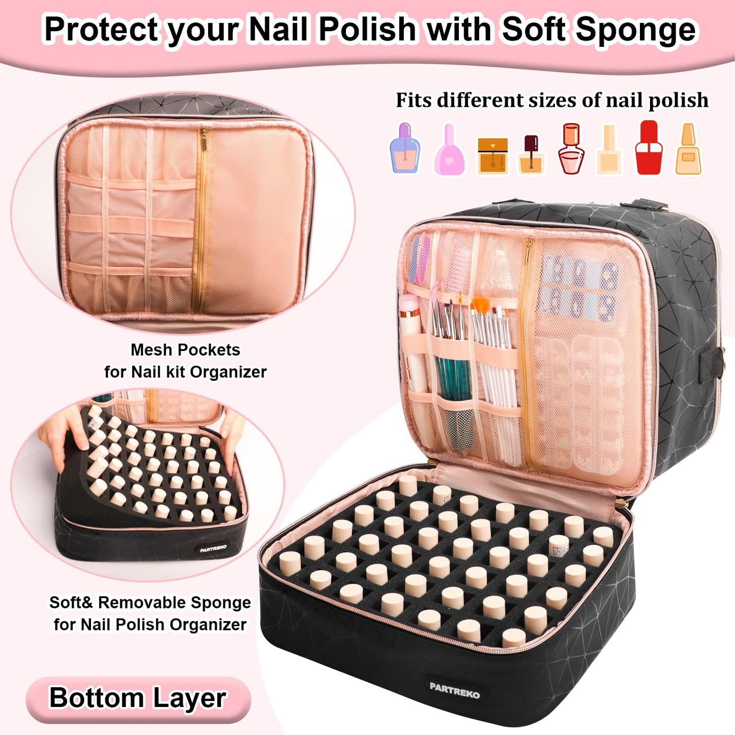 Partreko Large Nail Polish Organizer Fits 54 Bottles (15ml-0.5 fl.oz)& Nail Lamp, Double Layer Nail Supplies Organizer Bag with Holder Strip, PU Leather Nail Kit Storage Travel Case for Women (Black)