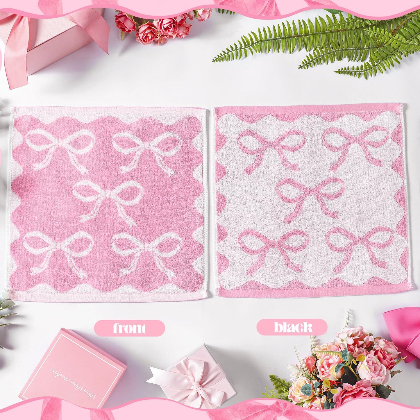 Coume 6 Pcs Pink Bow Washcloths 100% Cotton Wash Cloths 13" x 13" Coquette Small Face Towels Absorbent Soft Preppy Wash Cloths & Hand Bath Towels for Bathroom, Spa, Kitchen Drying Cleaning