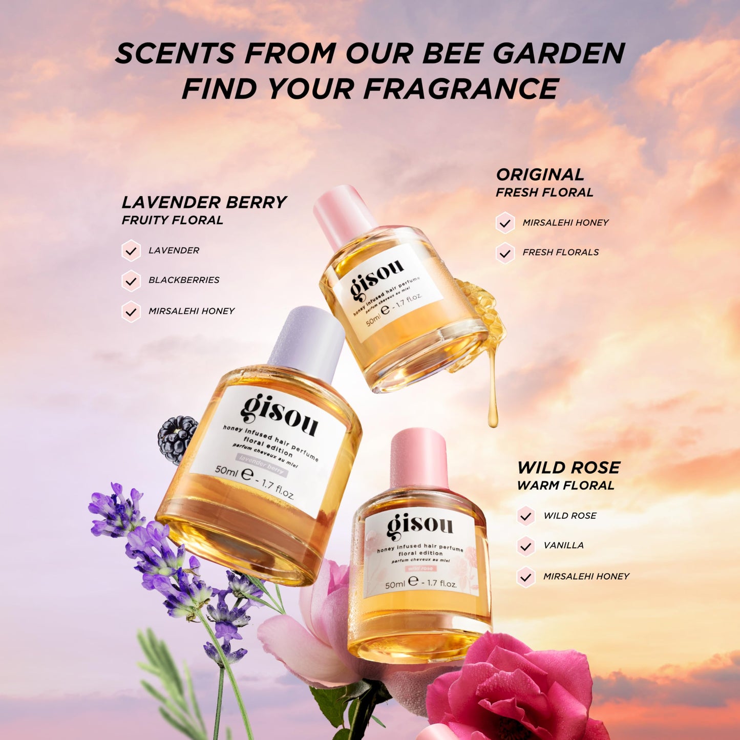 Gisou Honey Infused Hair Perfume, A Delicate Hair Fragrance with Sweet Notes of Honey Blended into Spring Florals, Nourishing and Hydrating Hair Shine Spray (1.7 fl oz)
