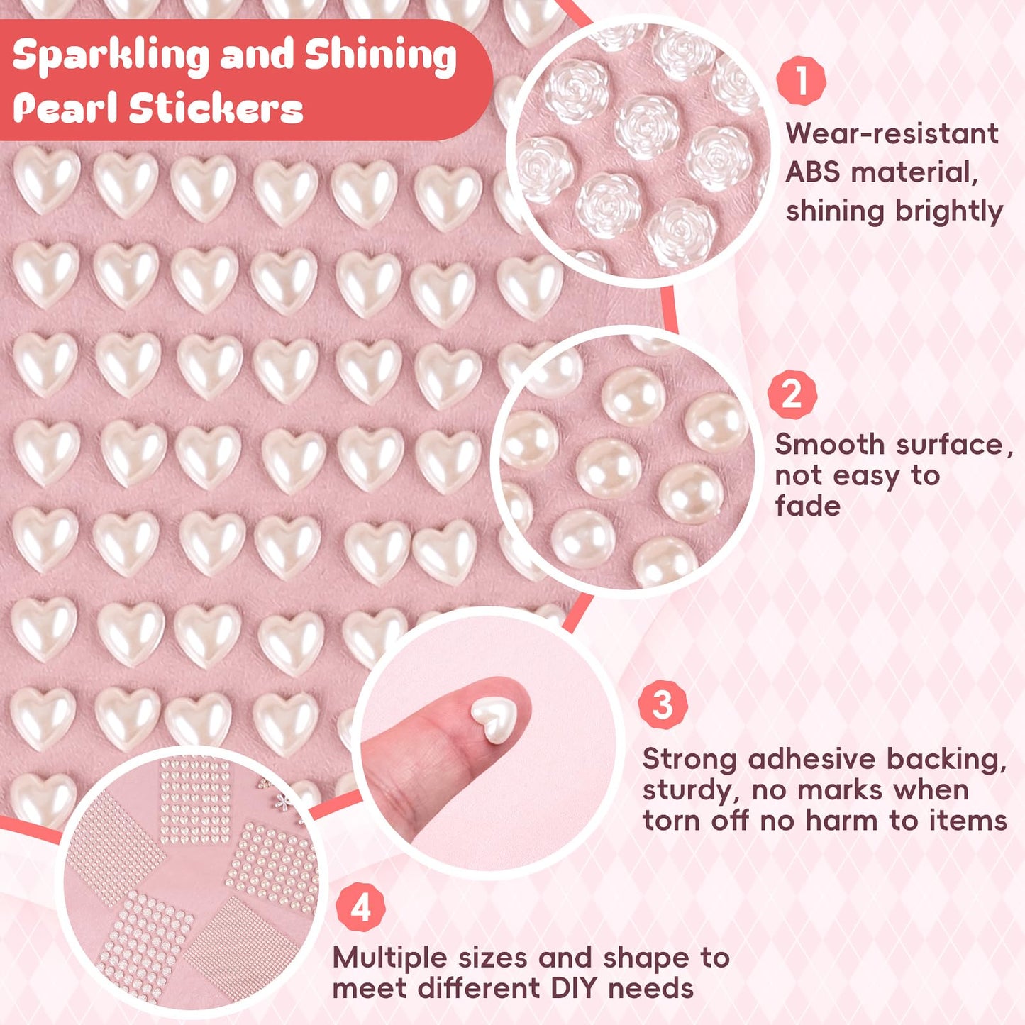 GIFOHAPY 4366 PCS Self Adhesive Pearl Stickers，Pearl Stickers for Crafts Kids，Assorted Sizes & Shape Stick on Pearls for Hair, Face, Makeup, Eye 3mm/4mm/5mm/6mm/8mm/10mm/Rose/Heart Shape
