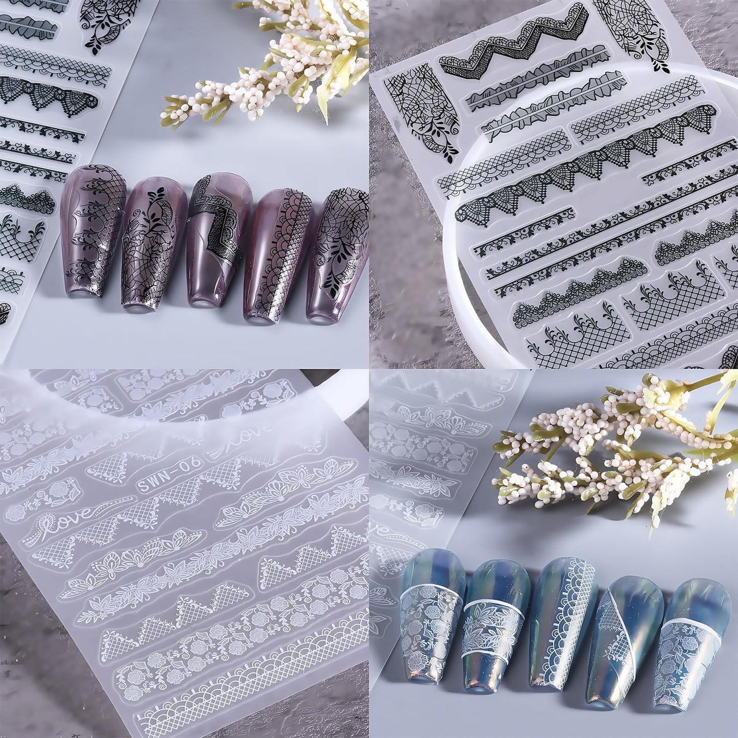 4 Sheets Lace Nail Art Stickers Black Flower Lace Nail Decals Self Adhesive 5D Micro Embossed Lace Flower French Tips Nail Designs Pegatinas Uñas Nail Supplies for Women DIY Acrylic Nails Decoration