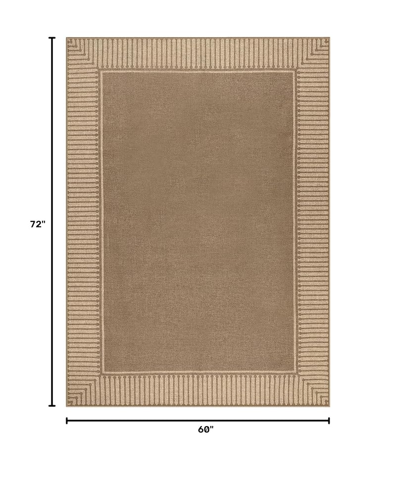 Brown 5' x 7' Jute-Inspired Indoor/Outdoor Rug - Striped Border, Non-Slip Backing