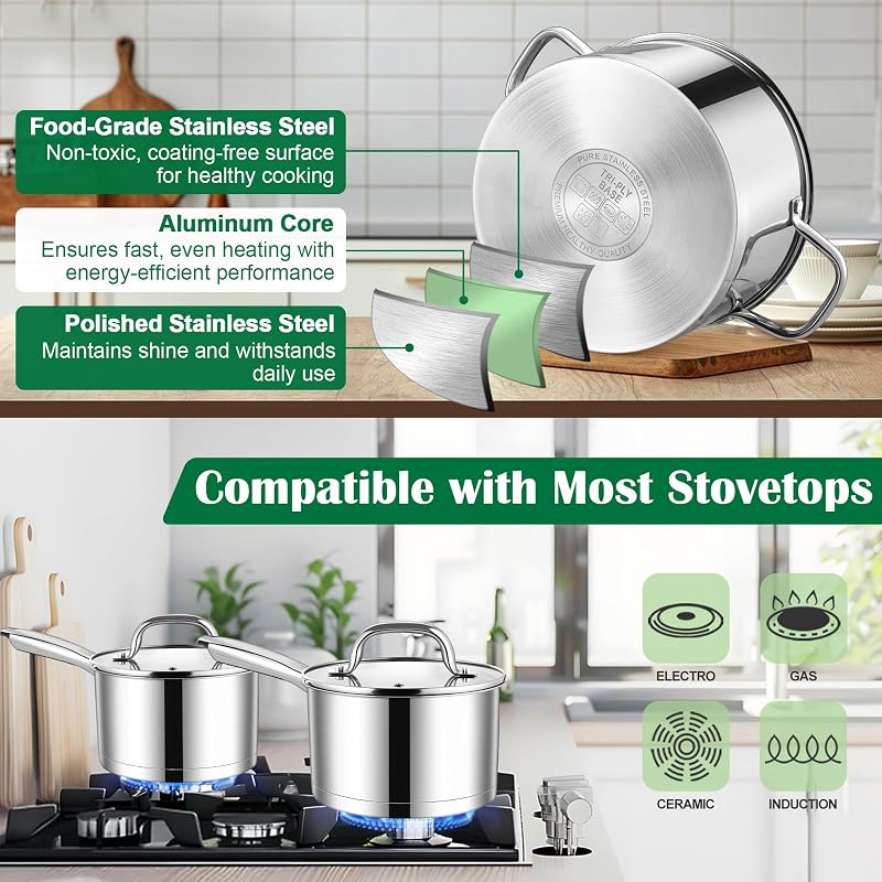 Stainless Steel 10-Piece Cookware Set - Induction Ready Pots & Pans, Oven Safe to 500°F