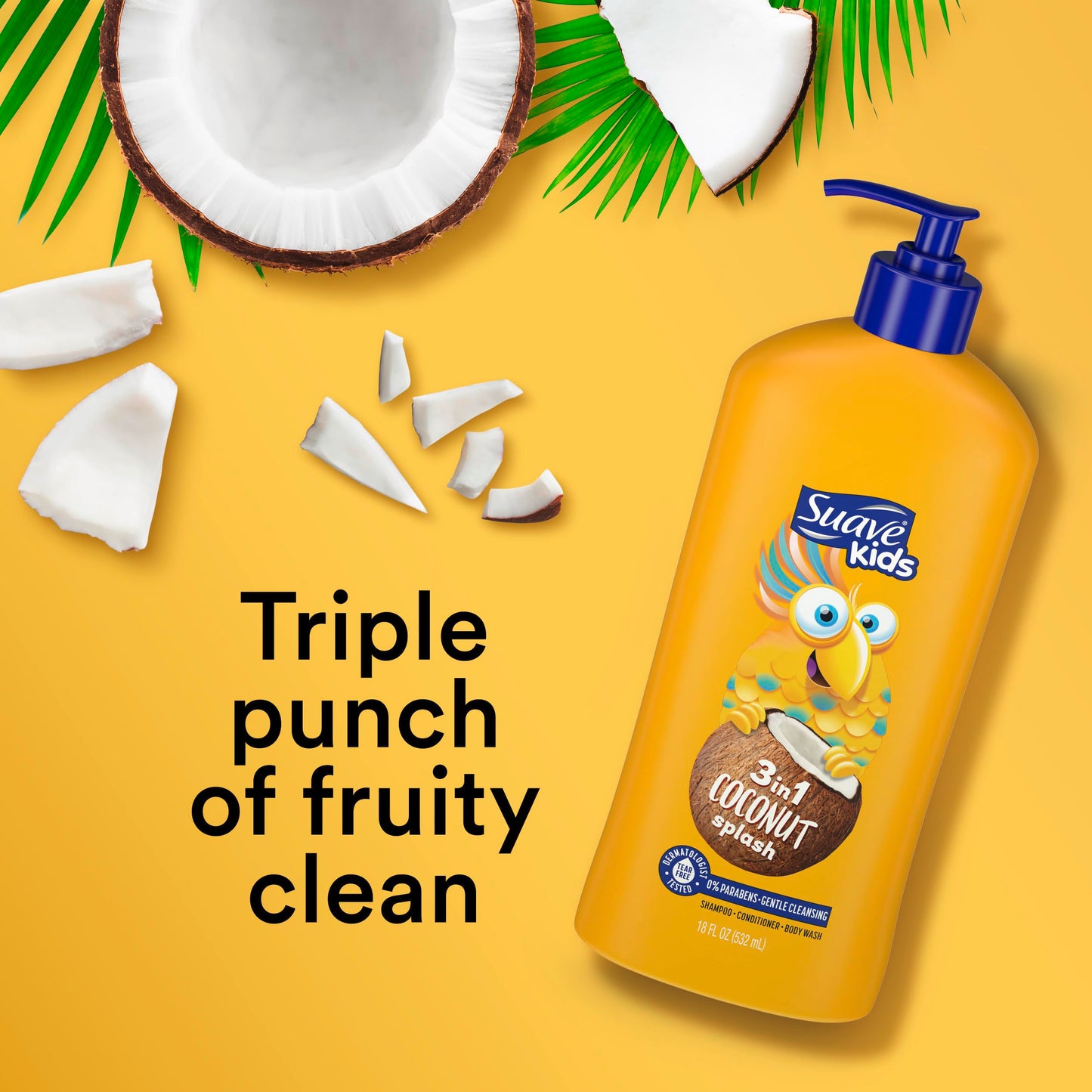 Suave Kids 3-in-1 Tear Free, Body Wash, Shampoo and Conditioners, Dermatologist Tested, Coconut Splash, 18 Oz Pack of 6
