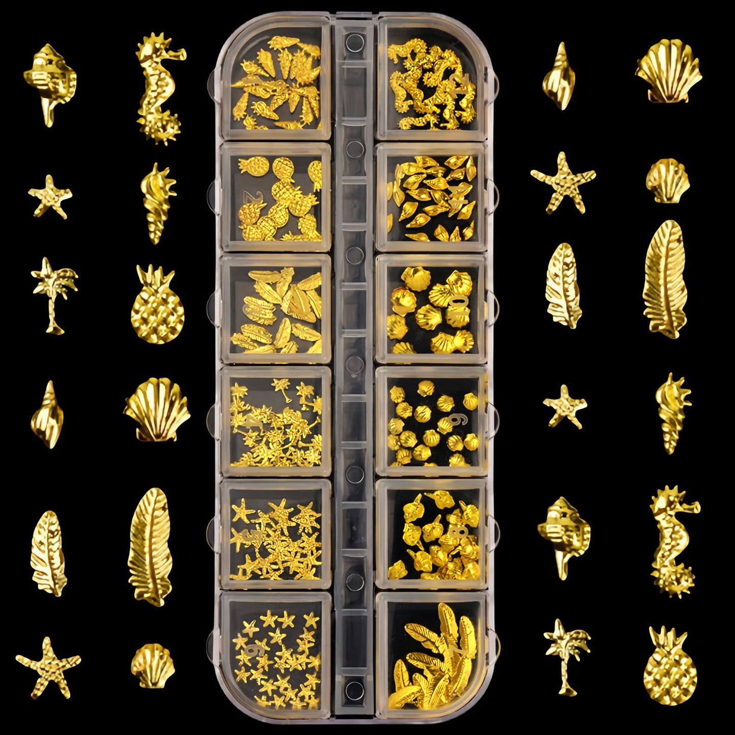 3D Metal Nail Art Studs Mixed Shapes Gold Shell Seahorse Starfish Conch Alloy Nail Rivets Seashell Starfish Nail Rhinestones Ocean Theme Designs Summer Beach DIY Crafts Manicure Decoration 12 Grids