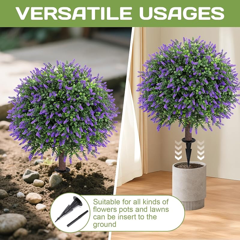 Lavender Topiary Ball Tree with Ground Spike – 25" Artificial Plant, Set of 2 (Variation: Lavender)
