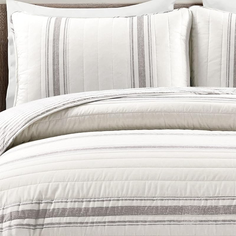 King Size Reversible Cotton Quilt Set - Farmhouse Gray Stripe 3 Piece (Gray + King)