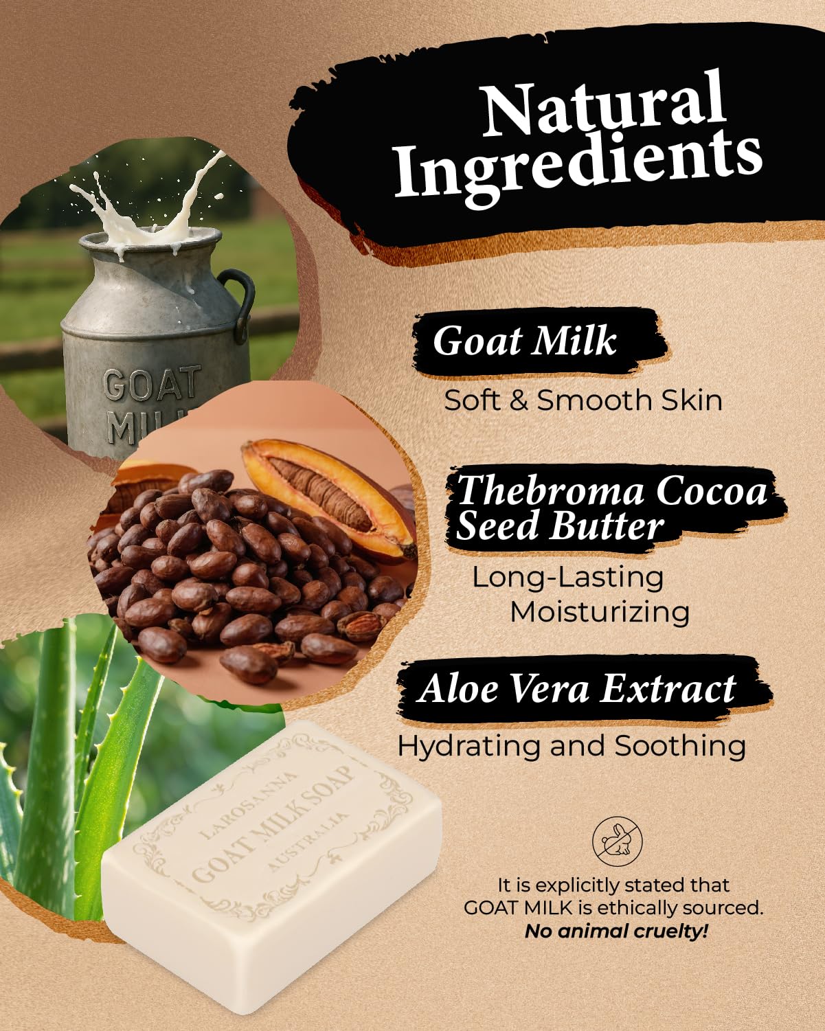 larosanna Australian Goat Milk Soap,Helps Moisturize,Smooth & Cleanse Skin,Triple-milled Bar Soap with Cocoa Butter,Aloe Vera and Pure Plant Oil,Body Soap Bars 6.3 oz for Adults & Babies,Pack of 4