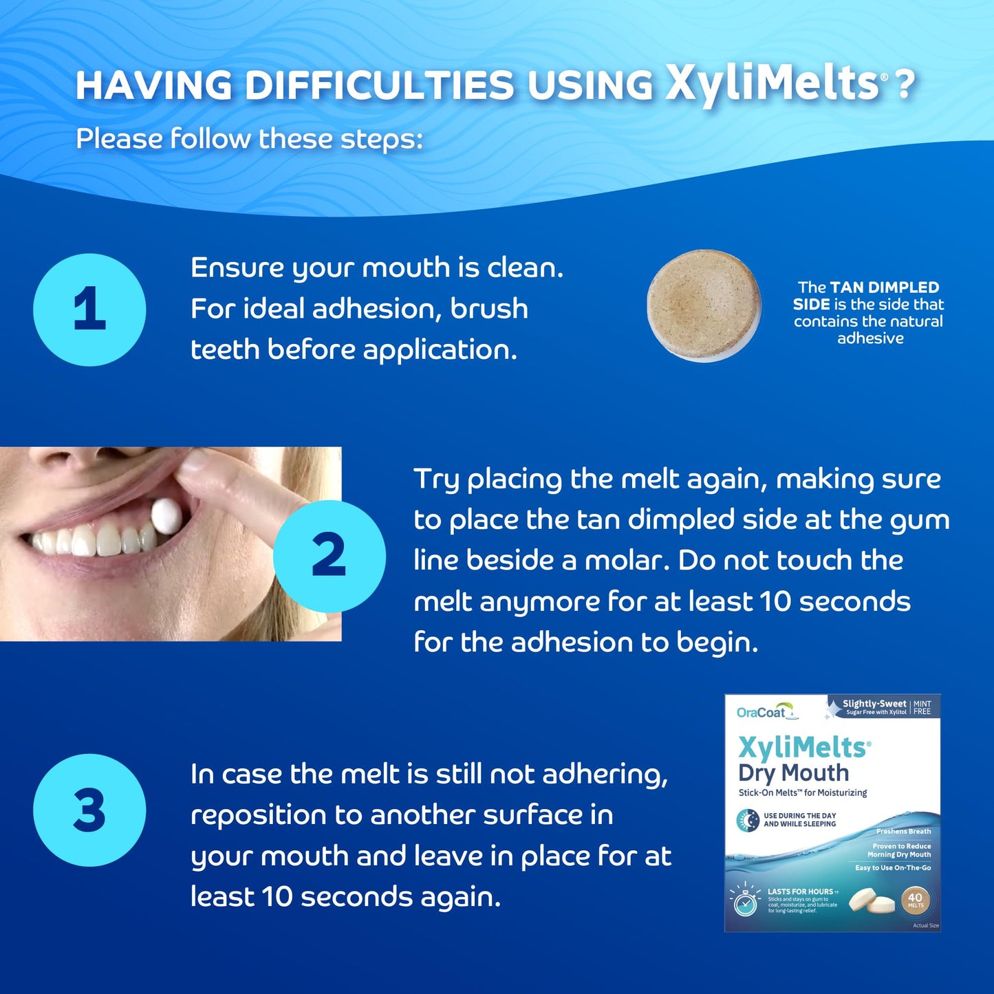 Oracoat XyliMelts for Dry Mouth Night Time or Day - Moisturizing Dry Mouth Adhering Discs, Sugar Free with Xylitol, 40 Count, Slightly-Sweet Flavor, 8-Hour Relief