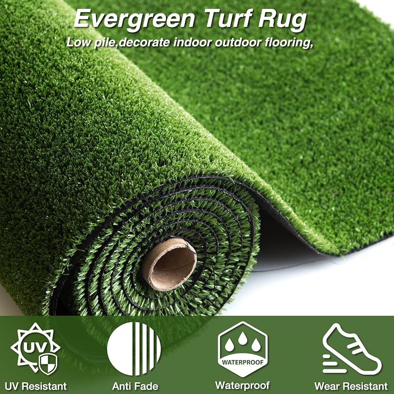 Outdoor Artificial Grass Rug 5 x 7 ft - Green Fake Grass Carpet for Balcony, Patio, Backyard | Drainage Holes