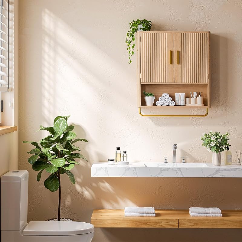Natural Wood Bathroom Wall Cabinet with Fluted Door, 5-Level Adjustable Shelf